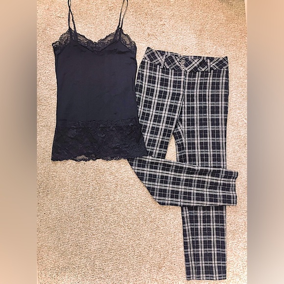 WHBM Outfit Plaid Trouser Slim Ankle Dress Pant & Black Lace Trim Cami Tank Top - Picture 1 of 16
